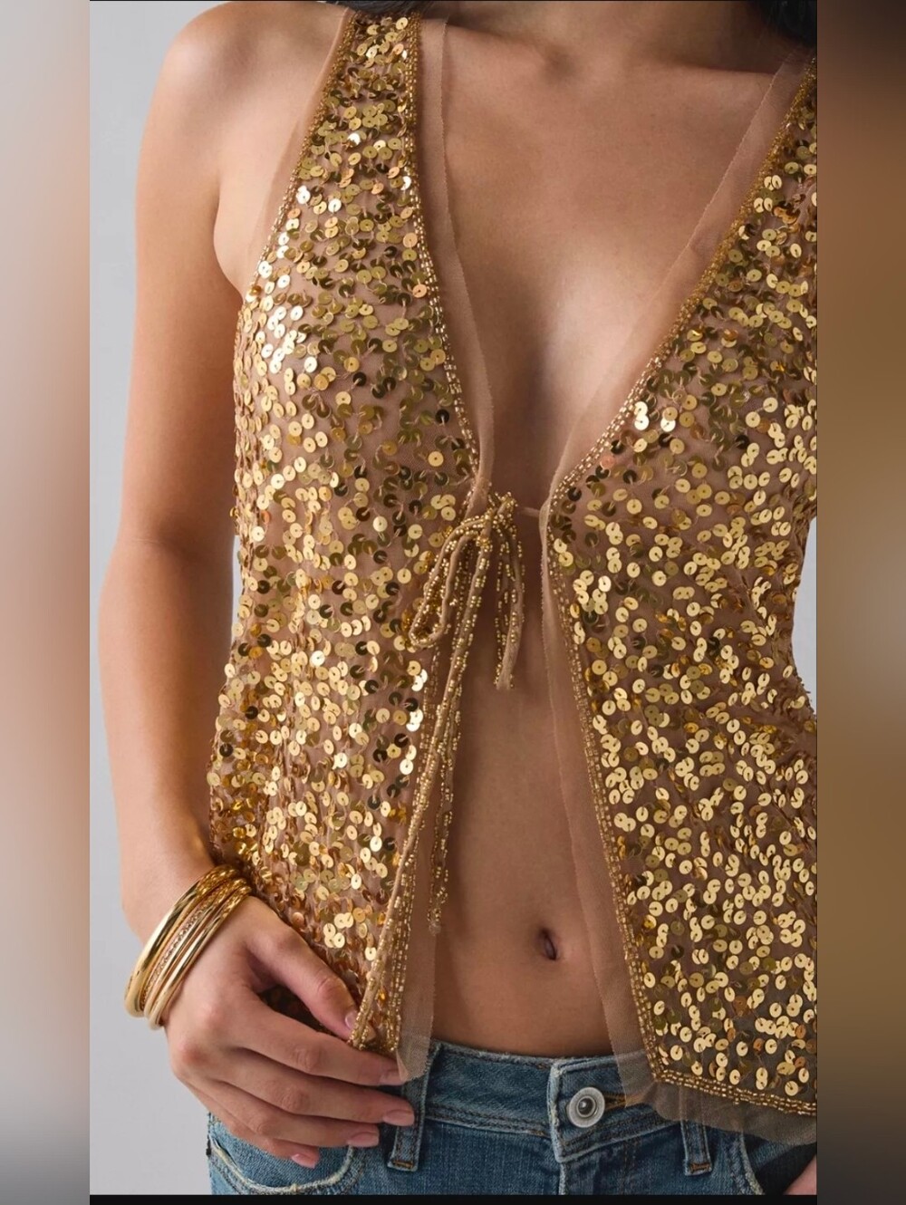 Kimchi Blue Gold Sequin Tie-Front Vest Top - Picture 2 of 5